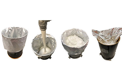 Four Images Of Barrier Foil Drum Liners In Blue Drums At Different Stages Of Fill For Adhesives & Sealants
